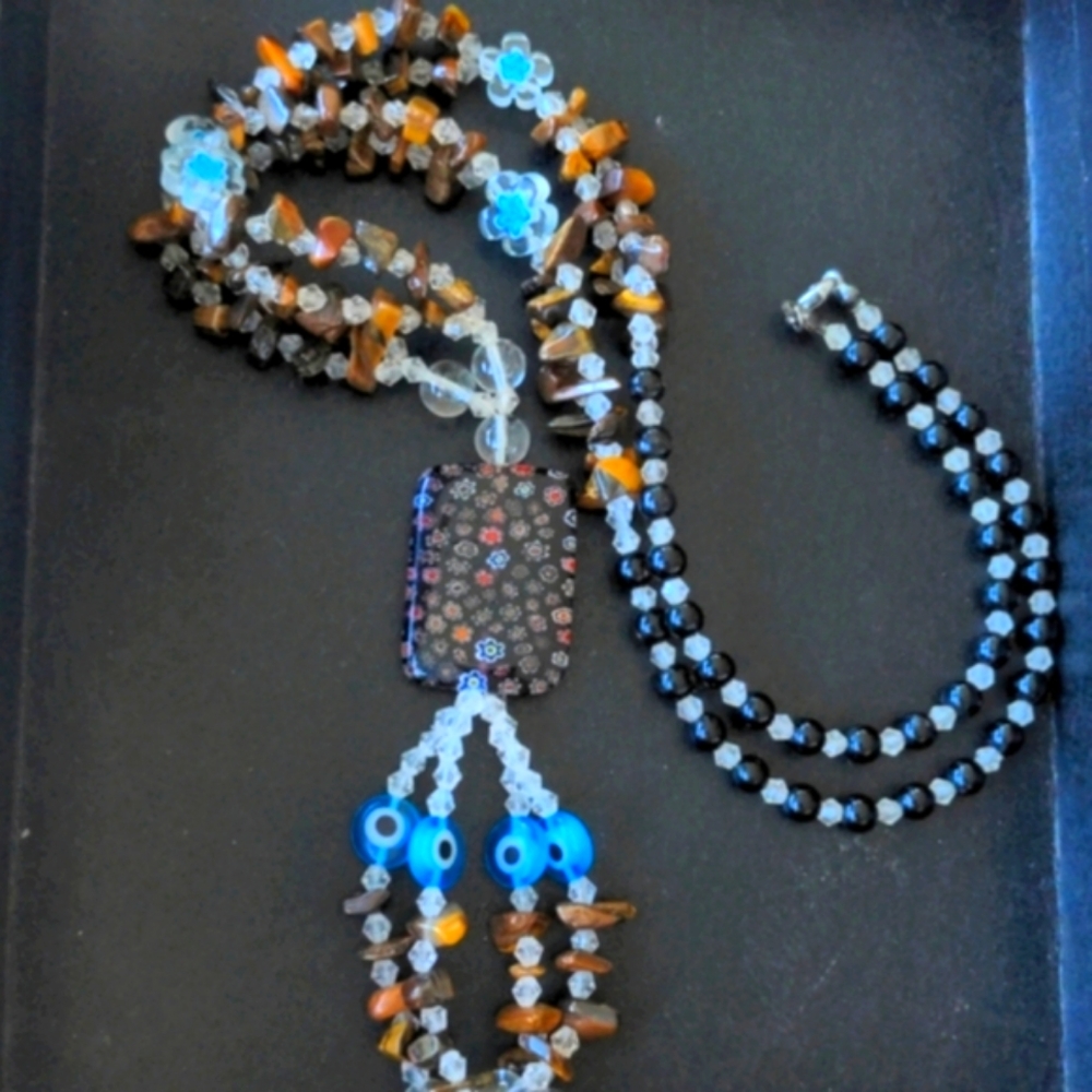 Vintage Italian Millefiori Murano glass necklace w natural quartz and tiger eye